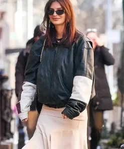 NYC-Emily-Ratajkowski-Black-Bomber-Jacket